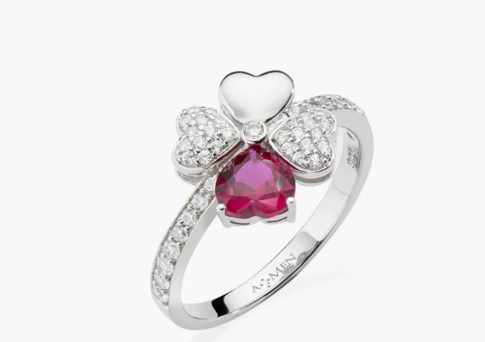 anello_quadricuore_rodio__0.webp Sale Anello Quadricuore Rodio Con Zirconi Bianchi E Rubino | RQUBR Donna Gioielli Moda Donna