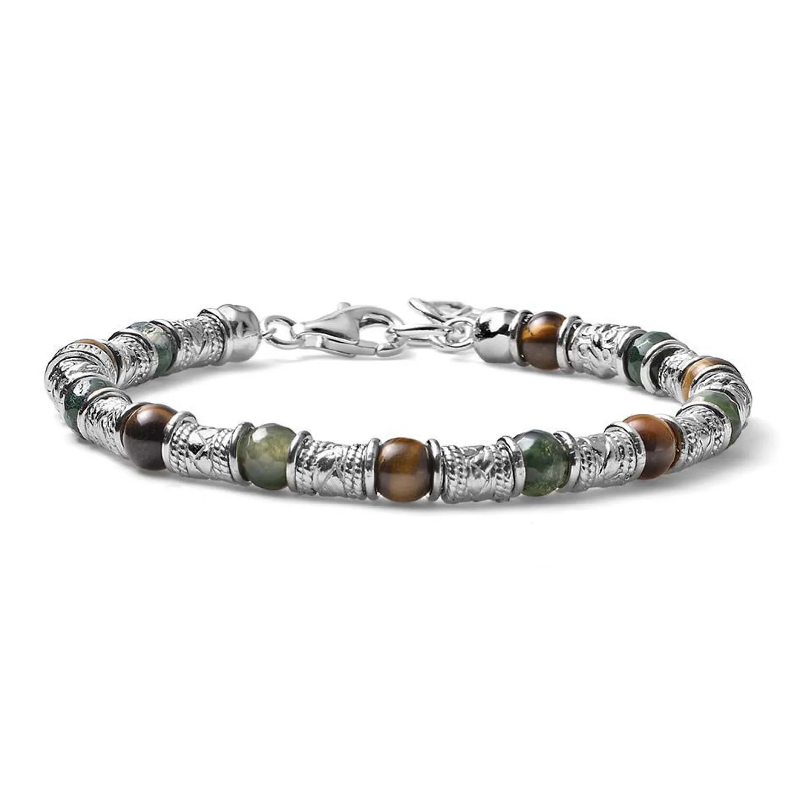 bracciale_uomo_siena_agat_0-1.webp Fashion Bracciale Uomo Siena Agata Muschiata Verde E Occhio Di Tigre Barilotti Decorati In Argento Mariacristinasterling | G4148 Uomo Gioielli Moda Uomo