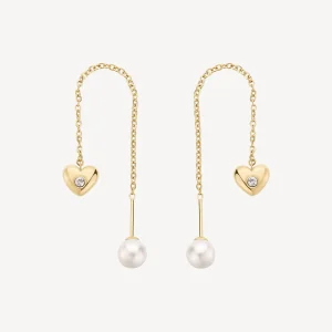 Outlet Orecchini Chakra Saliscendi Cuore Con Perla Finitura Oro Gioielli | BHKE187 Donna Gioielli Moda Donna