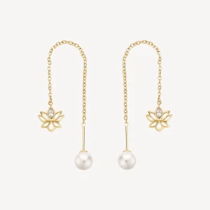 Sale Orecchini Chakra Saliscendi Fiore Di Loto Con Perla Finitura Oro Gioielli | BHKE189 Donna Gioielli Moda Donna