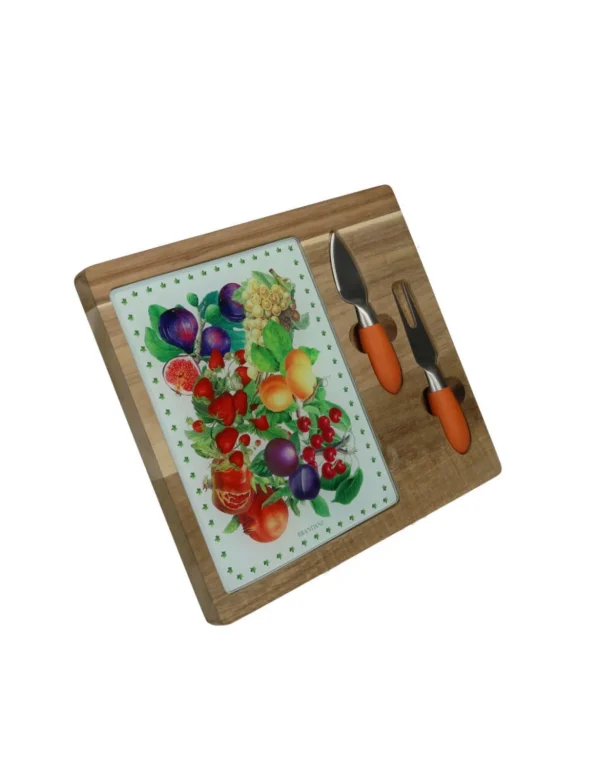 Fashion Formaggi Le Primizie Acacia E Vetro Decorato Con 2 Coltelli Inox/Tpr Brandani | 52440 Tavola